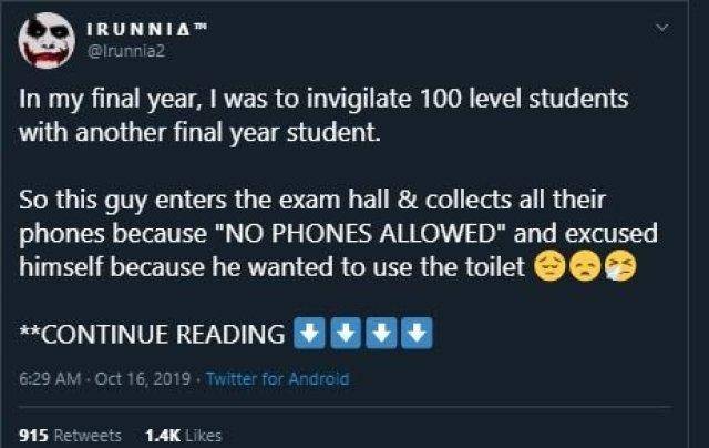 Twitter User Narrates His Ordeal When He Invigilated 100l Students' Exam in His Final Year