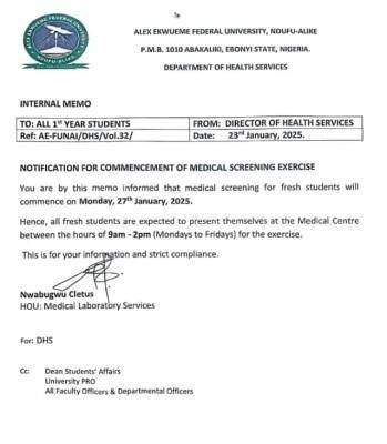 FUNAI notice on commencement of medical screening exercise