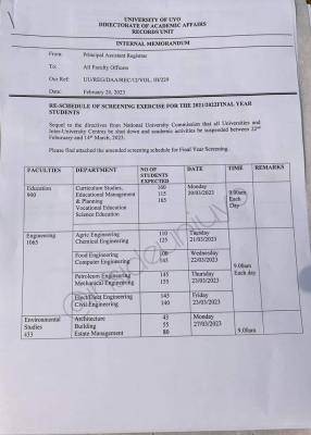 UNIUYO reschedules final year screening exercise, 2021/2022