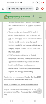 FUTO extends MBBS application deadline, 2020/2021