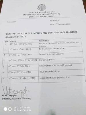 Fed Poly Oko revised academic calendar for 2019/2020 session