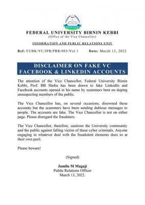 FUBK disclaimer on fake VC's Facebook & LinkedIn accounts