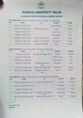 Khadija University, Majia academic calendar for 2023/2024 academic session