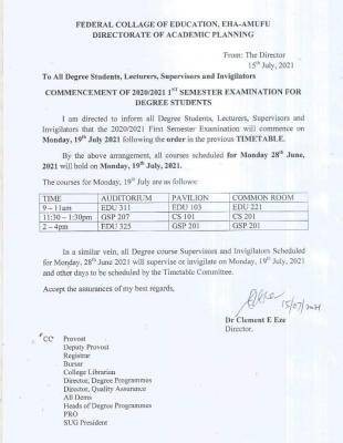 FCE Eha-Amufu notice to degree students on Commencement of 2020/2021 1st semester exam