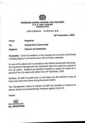 Hussaini Adamu Polytechnic notice on closure of the institution