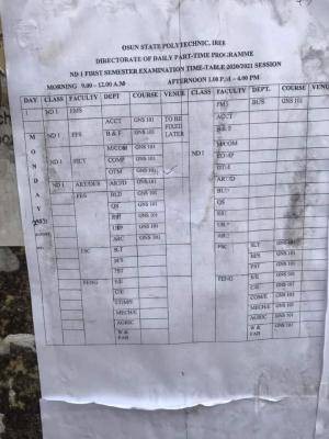 OSPOLY DPT 2020/2021 first semester examination timetable