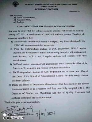 Sa'adatu Rimi College of education notice on continuation of 2019/2020 Session