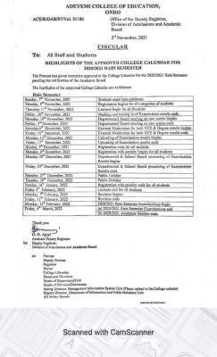 ACEONDO rain semester approved academic calendar, 2020/2021