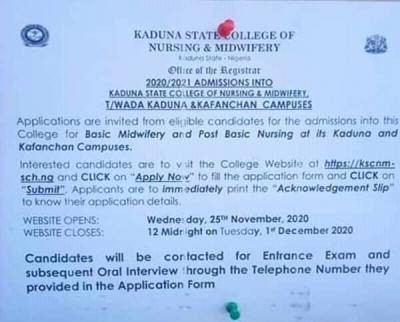 Kaduna College of Nursing/Midwifery admission (T/Wada Kaduna and Kafanchan), 2020/2021 session