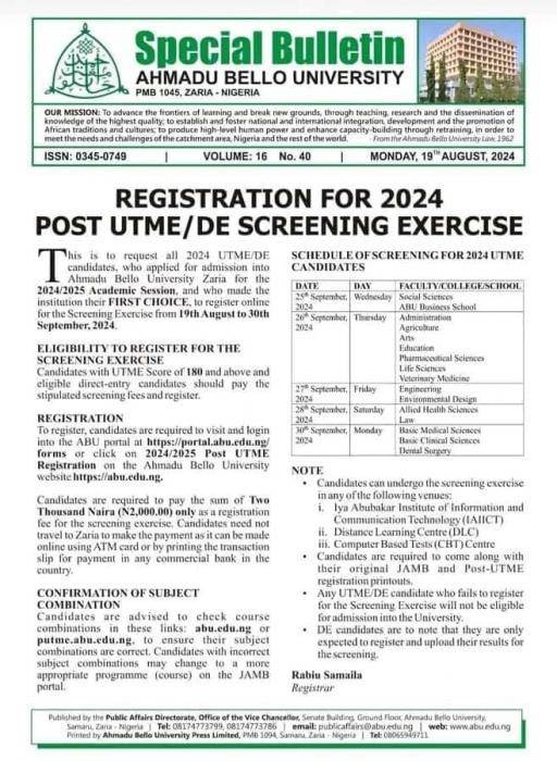 ABU Post-UTME/DE 2024: cut-off mark, eligibility and registration details