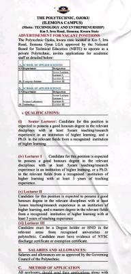 The Polytechnic Ojuku advertisement for vacant job positions