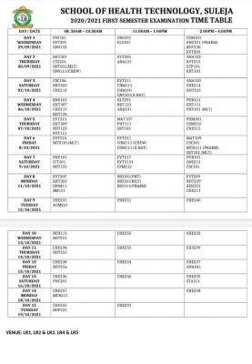 School of Health Technology, Suleja 1st semester examination timetable, 2020/2021