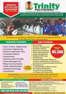 Trinity Polytechnic ND & HND Admission, 2023/2024