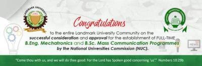 Landmark University gets approval for B.Eng. Mechatronics and B.Sc. Mass Communication