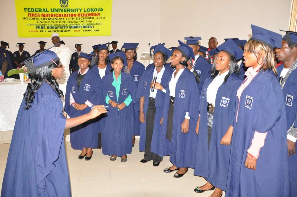  Cross section of pioneer students singing FUL Anthem at the First Matriculation Ceremony held on 17th December 2012 at the University Auditorium