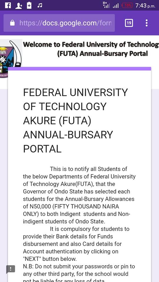 FUTA Scholarship/Bursary Award Disclaimer