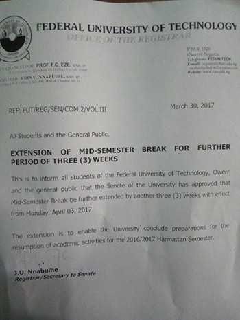 FUTO 20162017 Midsemester break