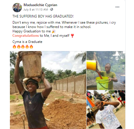 Student who did menial jobs to sponsor his education celebrates his graduation from the university