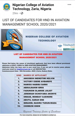 NCAT HND in aviation management admission list, 2020/2021 session