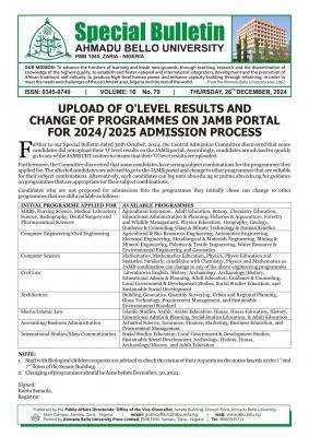 ABU notice on upload of o'level results and change of programmes for 2024/2025 admission process