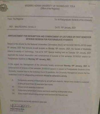 MAUTECH notice on postgraduate resumption