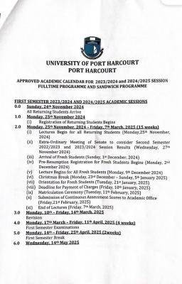 UNIPORT releases approved academic calendar, 2024/2025