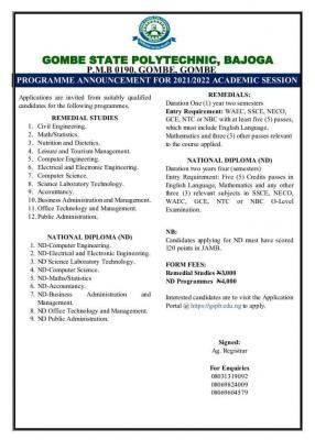 Gombe State Polytechnic Remedial Admission, 2021/2022