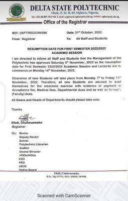 Delta Polytechnic Otefe-Oghara resumption date for 1st semester, 2022/2023