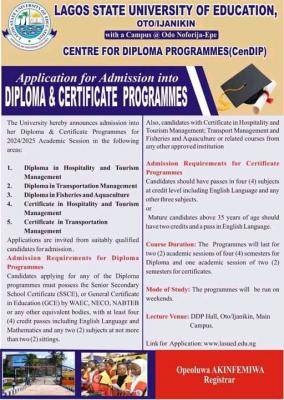LASUED admission into diploma and certificate programmes, 2024/2025