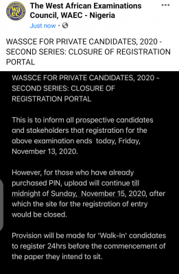 WAEC notice on closure of 2020 GCE registration (2nd series)