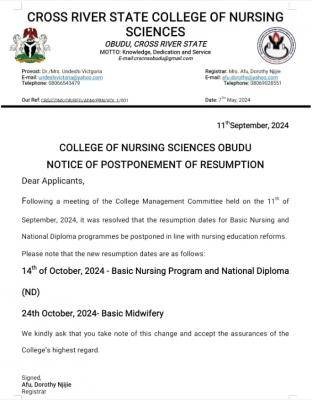 College of Nursing Sciences, Obudu issues notice on postponement of resumption