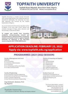 Topfaith University Post-Utme registration deadline, 2021/2022