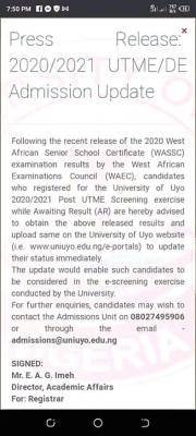 UNIUYO notice on 2020 WAEC result upload to awaiting results candidates