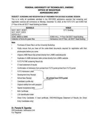 FUTO notice on screening and registration of freshmen for 2021/2022 session