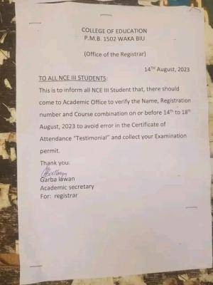 College of Education, Waka-biu notice to all NCE III students