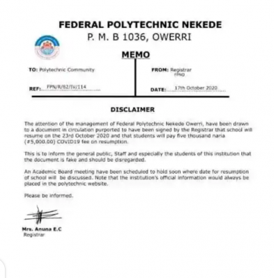 Federal Polytechnic Nekede disclaimer notice