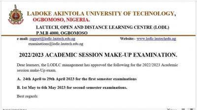 LAUTECH notice on ODLC make-up examination, 2022/2023