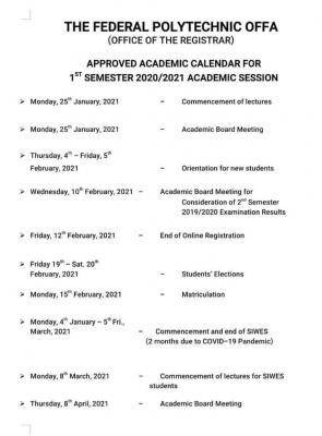 Fed poly Offa 1st semester academic calendar for 2020/2021 session