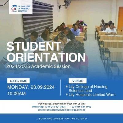 Lily College of Nursing Sciences notice of orientation exercise for fresh students, 2024/2025