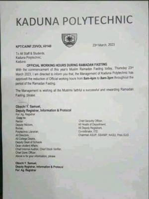 Kaduna Poly notice on working hours during the Ramadan period