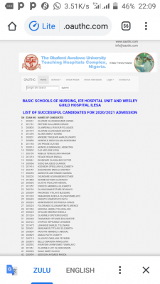 OAUTHC Basic General Nursing admission list for 2020/2021 session