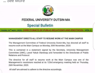 FUDMA directs staff to resume Nov 30