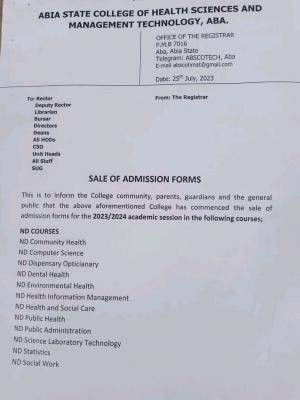 Abia State College of Health Science & Management Tech admission form, 2023/2024