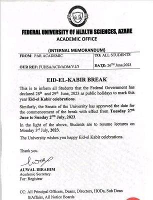 FUHSA notice on commencement of Sallah Break