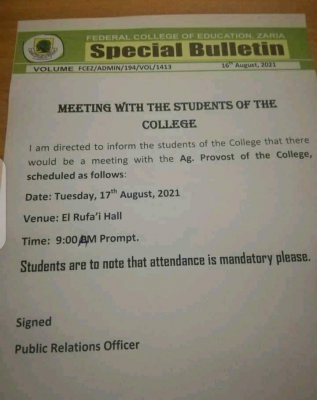 FCE, Zaria notice to students on meeting with Acting Provost