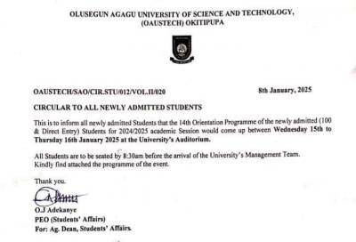 OAUSTECH announces 14th Orientation Programme, 2024/2025