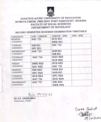 IAUE 2nd Semester Exam Timetable for 2019/2020 Academic Session