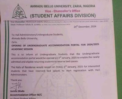 ABU notice on opening of undergraduate accommodation portal, 2024/2025