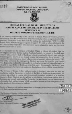 OAU notice on alleged maltreatment of a student