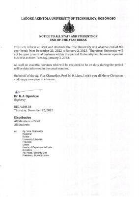 LAUTECH notice to staff and students on end of year break